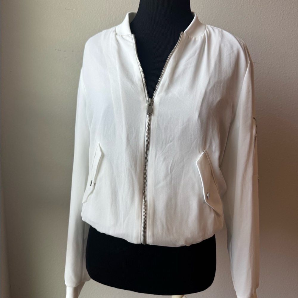 Zara White Bomber Jacket Lightweight Ribbed